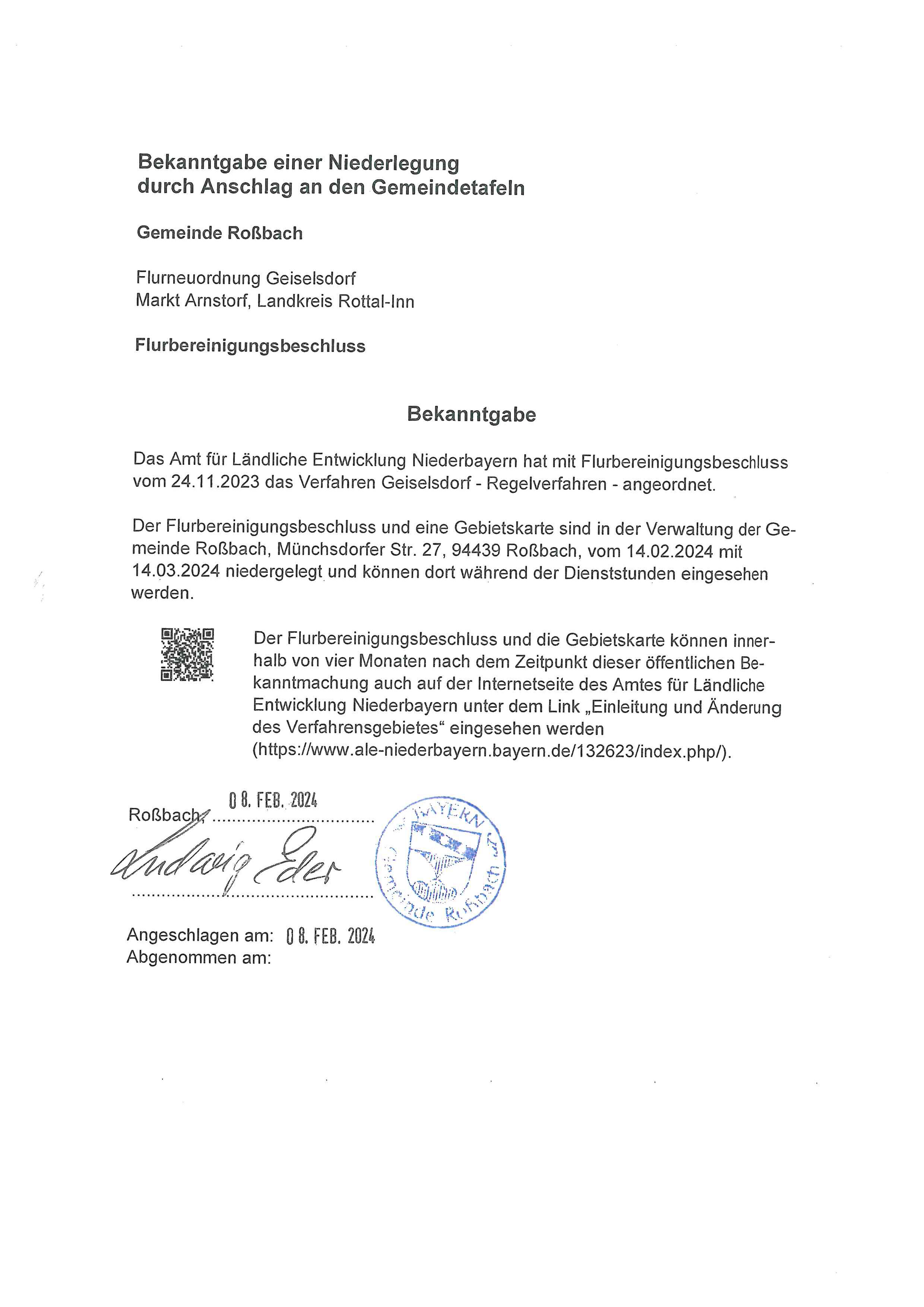 Grossansicht in neuem Fenster: Bekanntgabe Flurbereinigungsbeschluss Geiselsdorf