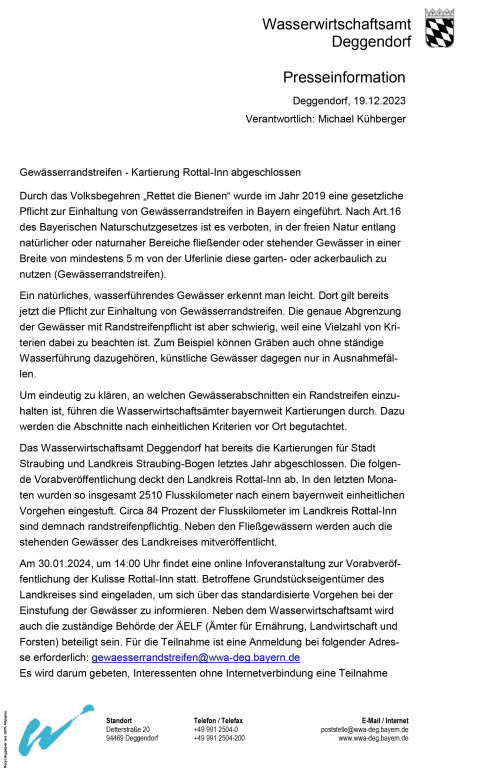 Grossansicht in neuem Fenster: Mitteilung des Wasserwirtschaftsamt Deggendorf: Gewässerrandstreifen – Kartierung Rottal-Inn abgeschlossen